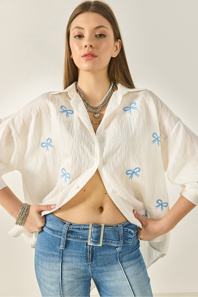 Bianco Lucci Women's Embroidered Bow Embroidered Self-Striped Loose Modal Shirt 2061 60283253