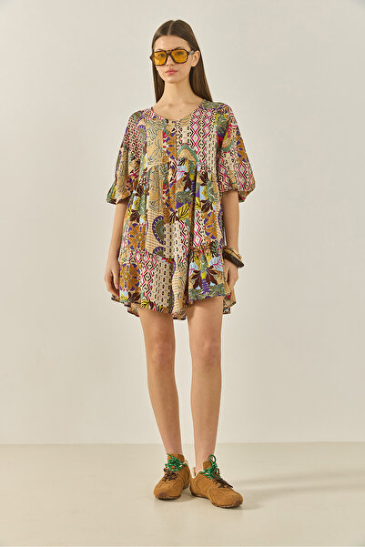 Bianco Lucci Γυναικείο Μίνι φόρεμα με λαιμόκοψη με λαιμόκοψη με καρπούζι με βισκόζη 6661 60283257