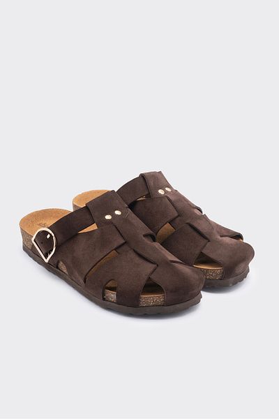 SHOEMARK Odeon Brown Genuine Leather Suede Buckle Women's Slippers