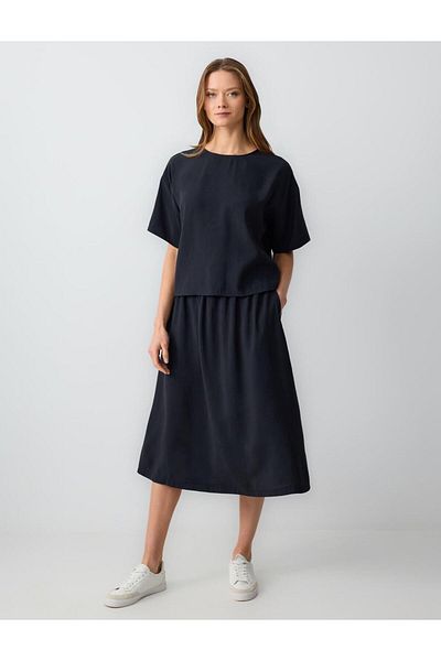 Jimmy Key Black Relaxed Cut Short Sleeve Round Neck Modal Woven Blouse