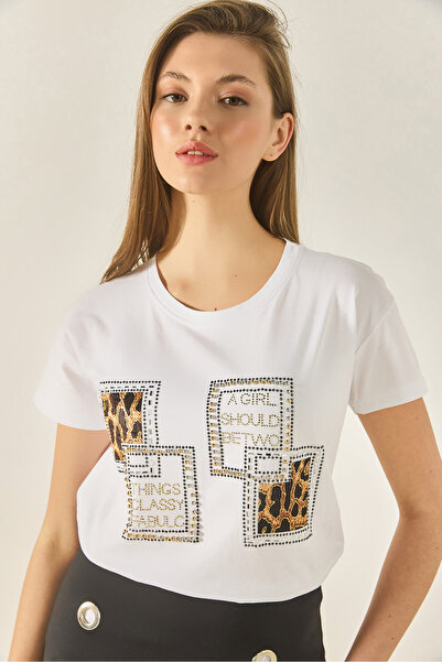 Bianco Lucci Γυναικείο μπλουζάκι από βαμβακερό βαμβακερό λαιμόκοψη με στάμπα λεοπάρ λεπτομέρεια κανονική εφαρμογή 1844 60283286