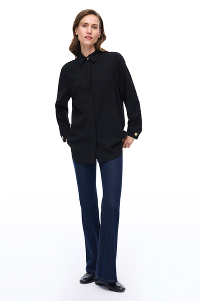 Perspective Μαύρο πουκάμισο με γιακά με χαμηλό μανίκι Seras Regular Fit Standard Size