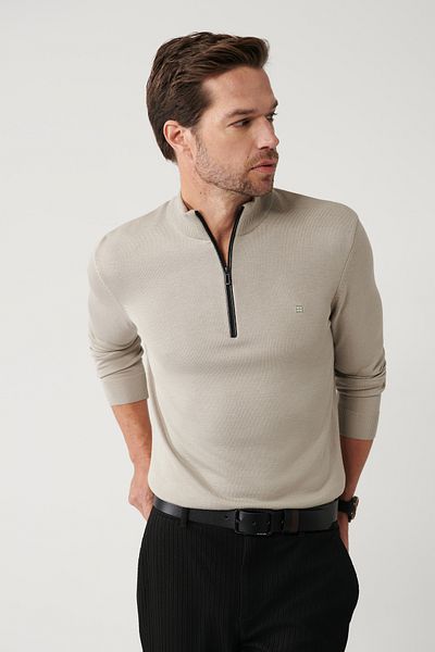 Avva Men's Mink High Collar Leather Detailed Zippered Viscose Knitwear Sweater B005023