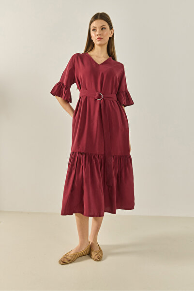 Bianco Lucci Women's V-Neck Belted Skirt with Pocket Flounce Detailed Loose Dress 8406 60283256