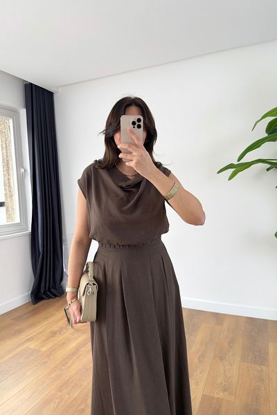 BİRCANÇİL Froza Bitter Brown Degaje Collar Skirt Suit