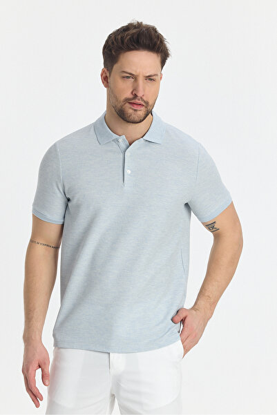 Frappoli Nikol Erkek Mavi Likralı Pamuk Karışımlı Melanj Efektli Slim Fit Kıvrılmaz Yaka Polo Yaka T-Shirt