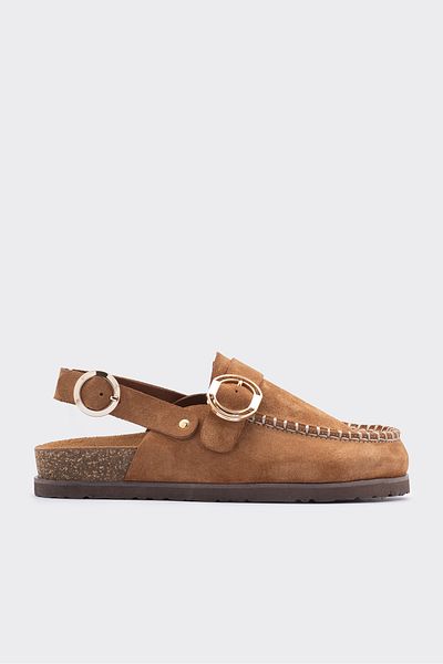 SHOEMARK Galli Tan Suede Strappy Closed Toe Women's Sandals