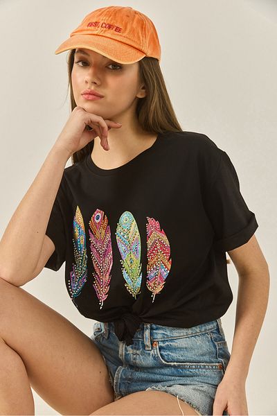 Bianco Lucci Women's Crew Neck Feather Pattern Bead Embroidered Oversize Cotton T-Shirt 1820 60283285