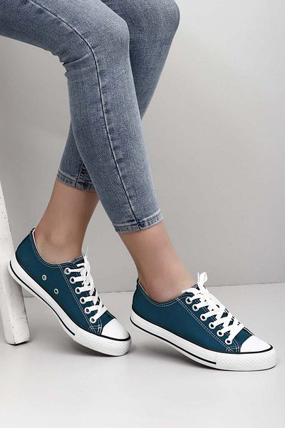 GÖNDERİ(R) Women / Girls Petrol Blue Heart Lace-Up Women's Linen Casual Sports Flat Sole Sneaker 35222