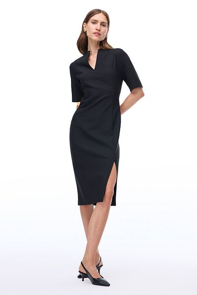 Perspective Morningstar Slim Fit Above Knee Fake Sleeve V-Neck Black Dress