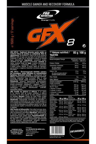 Pro Nutrition Muscle Gainer, Gfx-8 Unflavored 1500g
