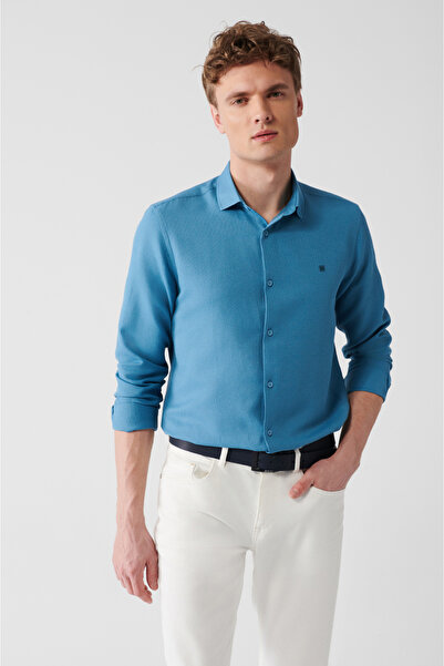 Avva Men's Petrol Easy-Iron Wafer Cotton Shirt E 002030