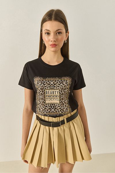 Bianco Lucci Women's Bcycic Collar Short Sleeve Stone Printed Leopard Detailed Regular Fit T-Shirt 1631 60283280