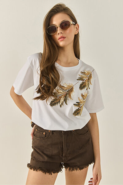 Bianco Lucci Γυναικείο μπλουζάκι από βαμβακερό μοτίβο ώμου με χάντρες με λεπτομέρεια άνετη εφαρμογή 1850 60283283