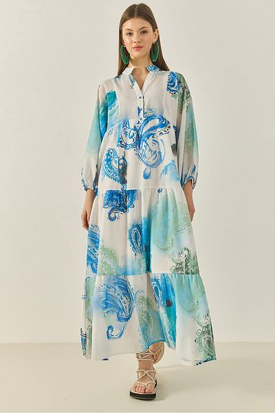 Bianco Lucci Women's V-Neck Patterned Lined Flounce Long Linen Dress 3032 60283274