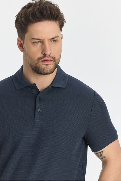 Frappoli Ανδρικό μπλουζάκι με λαιμόκοψη Walfer - Navy Blue, Lycra Cotton, Λεπτομέρεια γιακά, Slim Fit, Χωρίς μπούκλες