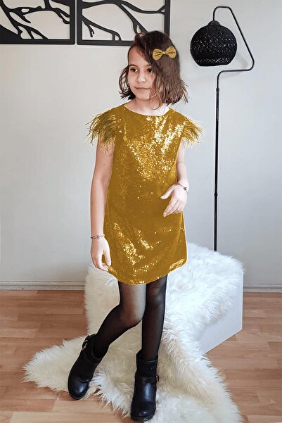 Mashotrend Kolu Tüylü Payetli Kız Çocuk Abiye - Nostalji Kostüm Nostalji Elbisesi Mezuniyet Çocuk Elbisesi