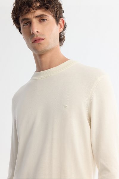 Avva Ecrufarbener Herren-Strickpullover aus Viskose mit Rundhalsausschnitt B 005021