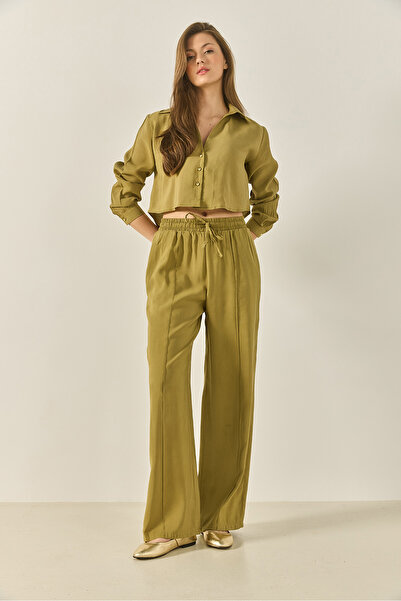 Bianco Lucci Γυναικείο πουκάμισο με λαιμόκοψη V με φαρδύ παντελόνι Loose Modal Σετ κάτω-πάνω 60409 60283255