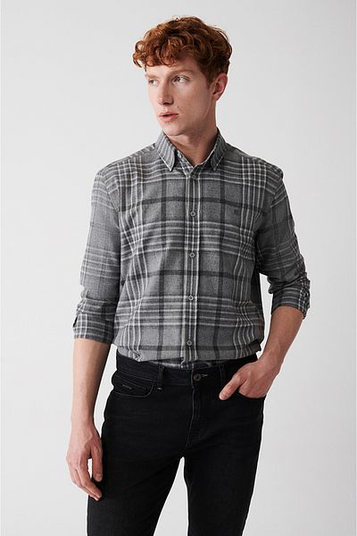 Avva Men's Gray Buttoned Collar Plaid Flannel Shirt A32Y2062