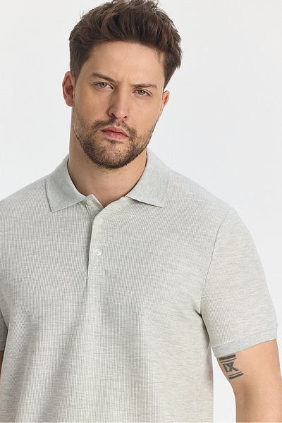 Frappoli Ανδρικό γκρι μπλουζάκι με γιακά πόλο - Nikol, Slim Fit, Πέτο χωρίς μπούκλες, Μελανζέ εφέ, Μείγμα βαμβακιού