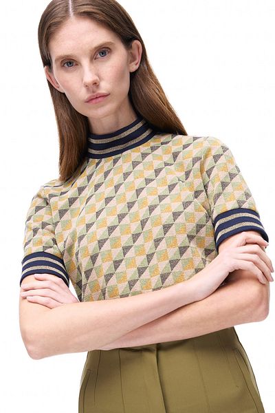 Perspective Πράσινη μπλούζα Alcors Slim Fit με γεωμετρικό σχέδιο Crop Oversize Fake Sleeve Crew λαιμόκοψη