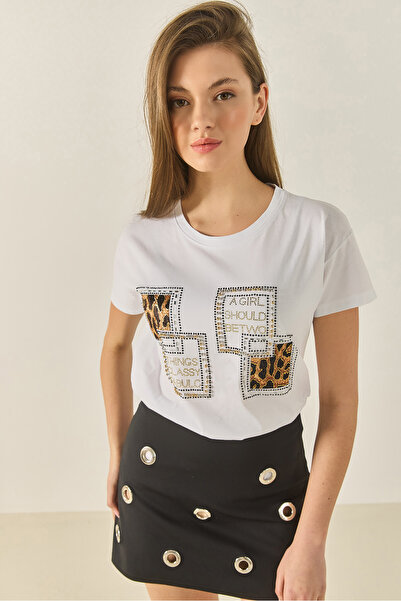 Bianco Lucci Γυναικείο μπλουζάκι από βαμβακερό βαμβακερό λαιμόκοψη με στάμπα λεοπάρ λεπτομέρεια κανονική εφαρμογή 1844 60283286