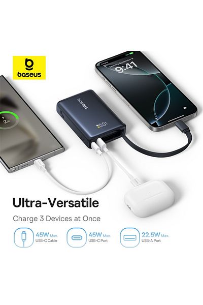 Baseus PicoGo 10000mAh Power Bank 45W Fast Charge Built-in USB-C Cable, Type-C & 22.5W USB-A - Black
