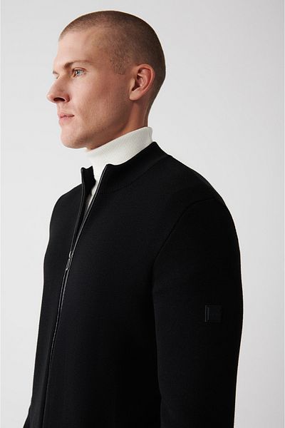 Avva Men's Black Stand Collar Leather Detailed Zippered Viscose Knitwear Cardigan B 005022