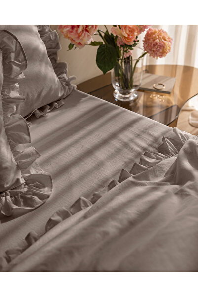 Madame Coco Obernai Double 100% Cotton Ruffled Plain Washed Duvet Cover Set - Beige