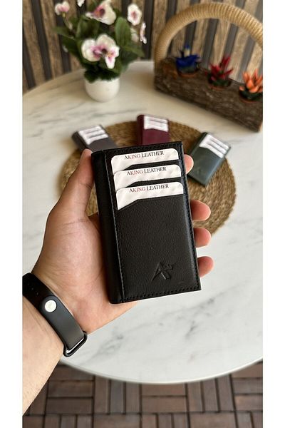 AKING Genuine Leather Black Vertical Snap Card Holder+wallet