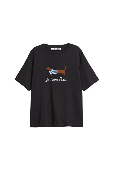 CİNEMA MODA Tricou negru pentru femei Je T'aime Paris cu imprimeu relaxat