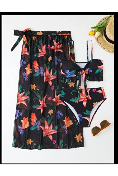 NİSANURTEKSTİL Yüksek Bel Bohemia Mayo Set üç parça Çiçek Baskı Bikini Mayo