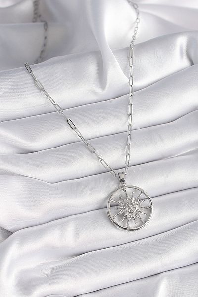 Skygo 316L Steel Silver Color Zircon Stone Sun Medallion Model Women's Necklace - Tj-Bko9529