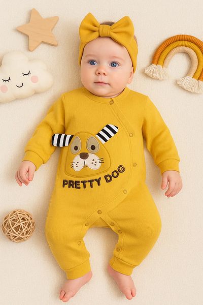 Babydonat Pretty Dog Embroidered Bandana 100% Cotton Jumpsuit for Baby Girl