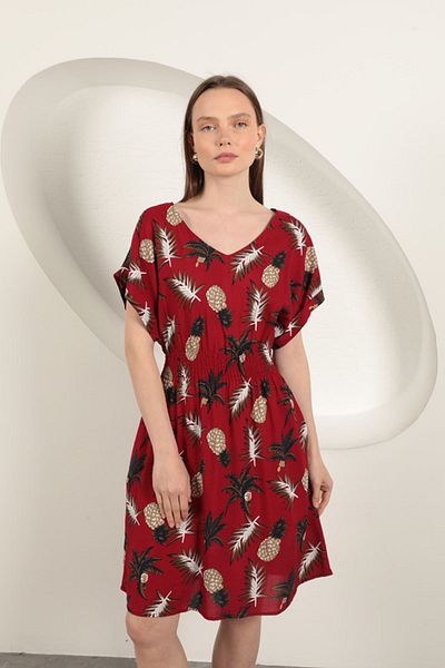 vuvutasarım New Season Viscose Fabric Pineapple Pattern Women's Midi Dress Beach Dress 25VL132-04