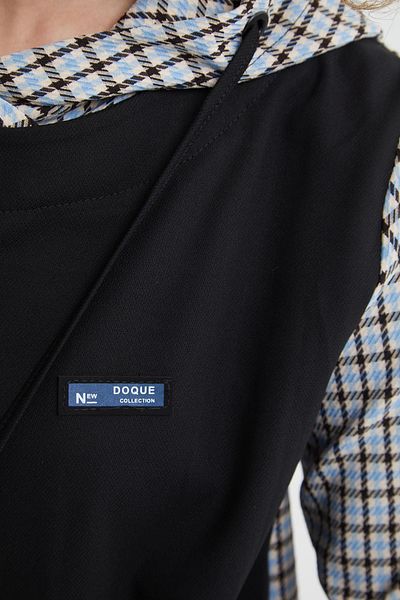 Doque Seasonal Plaid Black Garnished Hooded Women's Blue Tunic 61070