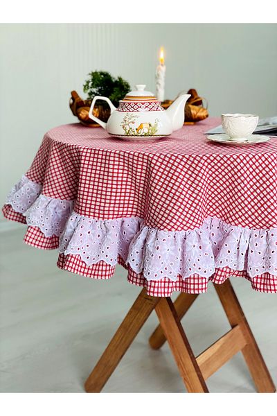 HOME OF BLOSSOM Red Gingham Linen Double Scallop Ruffle Table Cloth