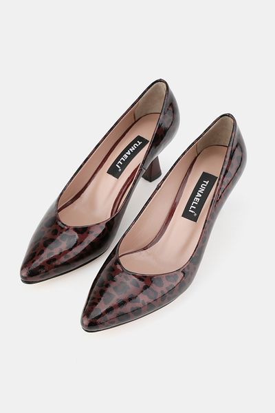 TUNAELLİ Women's Burgundy Patent Leather Genuine Natural Leather 33-34-35-41-42-43 Number Leopard Patterned Thin Heel Shoes
