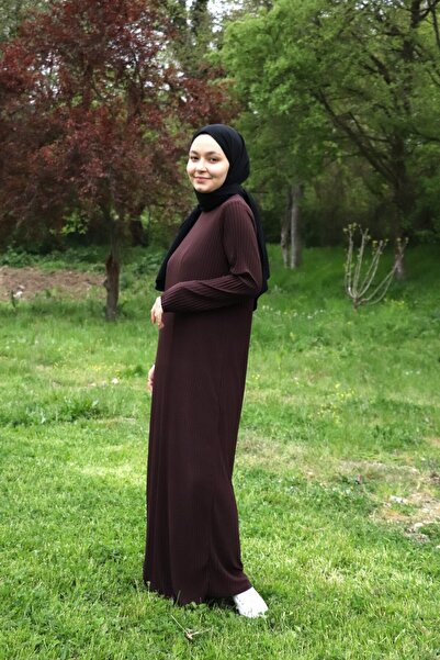 ilmek 25013 Kadın Pliseli Giy Çık Kurtarıcı Elbise Kahverengi