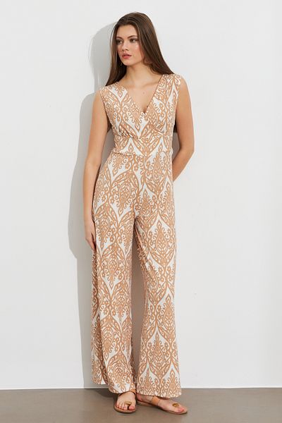Cool & Sexy Women's Vanilla Double Breasted Collar Patterned Wrap Jumpsuit Mp430
