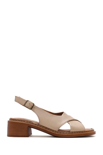 Derimod Women's Beige Ankle Buckle Short Heeled Leather Sandals 25Sfd342818