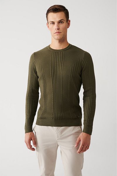 Avva Men's Khaki Crew Neck Patterned Knitwear Sweater A32Y5160