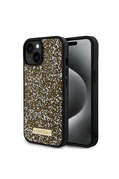 Guess Case for IPhone 15, Rhinestone Metal Logo, Guess, Yellow