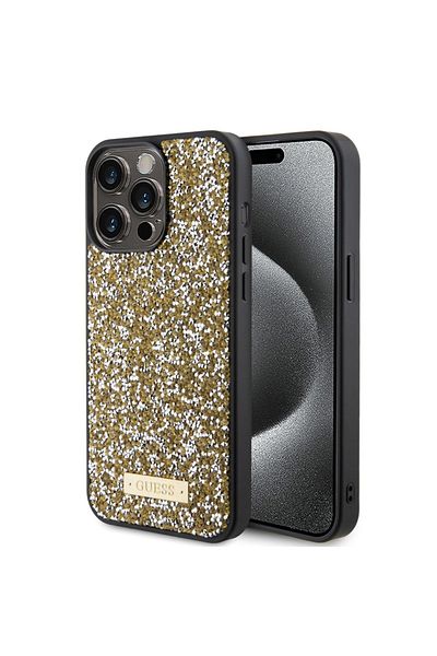 Guess Case For Iphone 15 Pro, Rhinestone Metal Logo, , Yellow