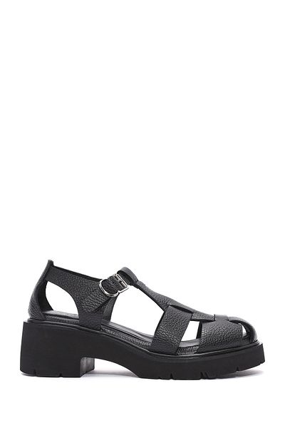 Derimod Women's Black Ankle Strap Thick Heeled Leather Sandals 25Sfd2016Ft
