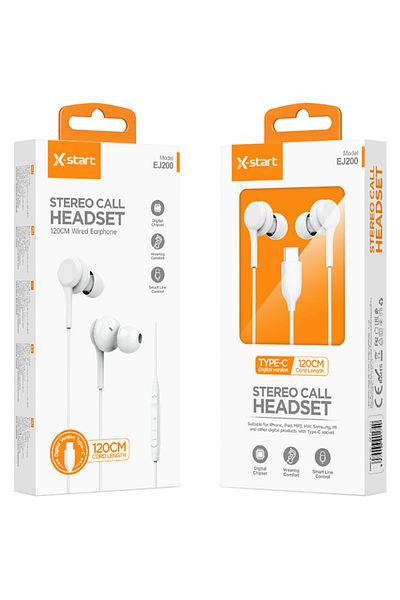 REDz Accessories Căști cu cablu Type-C 120 cm, X-Start Ej200, compatibile cu iPhone 15/16 și Android, albe