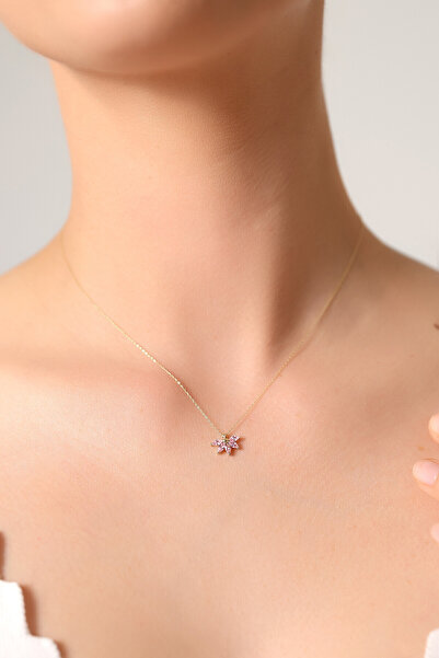 Kolyecik 14 Ayar Altın Pembe Taşlı Kolye