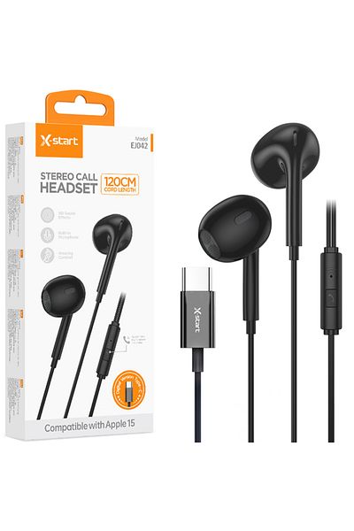 REDz Accessories Headphones With Type-c Cable 120cm, X-start Ej042, Compatible With Iphone 15/16 And Android, Black