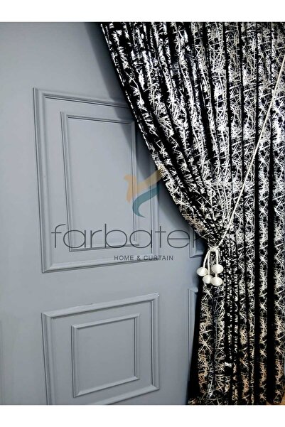 farbateks Black Gray Silver Foil Shiny Laced Opart Fabric 3 Layer Pleated Background Curtain